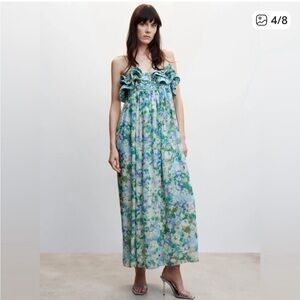 Mango Strapless Dress in Blue and Green Floral